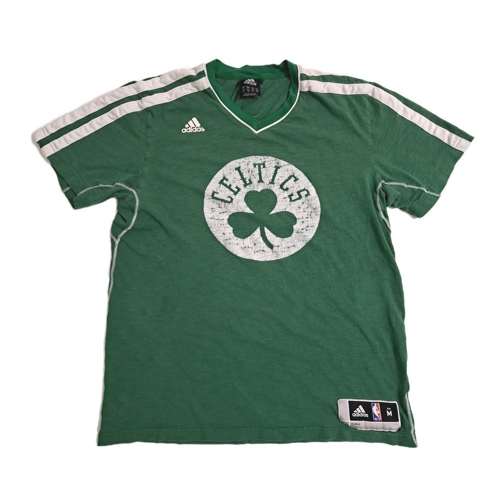 Boston Celtics Distressed Adidas NBA Basketball TShirt Men's Medium Logo Striped - Picture 1 of 11
